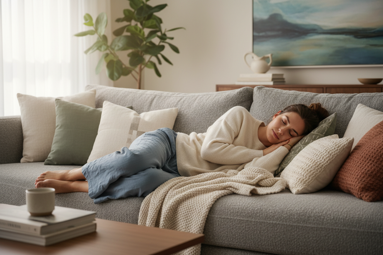 femme qui se repose allongée sur un canapé 